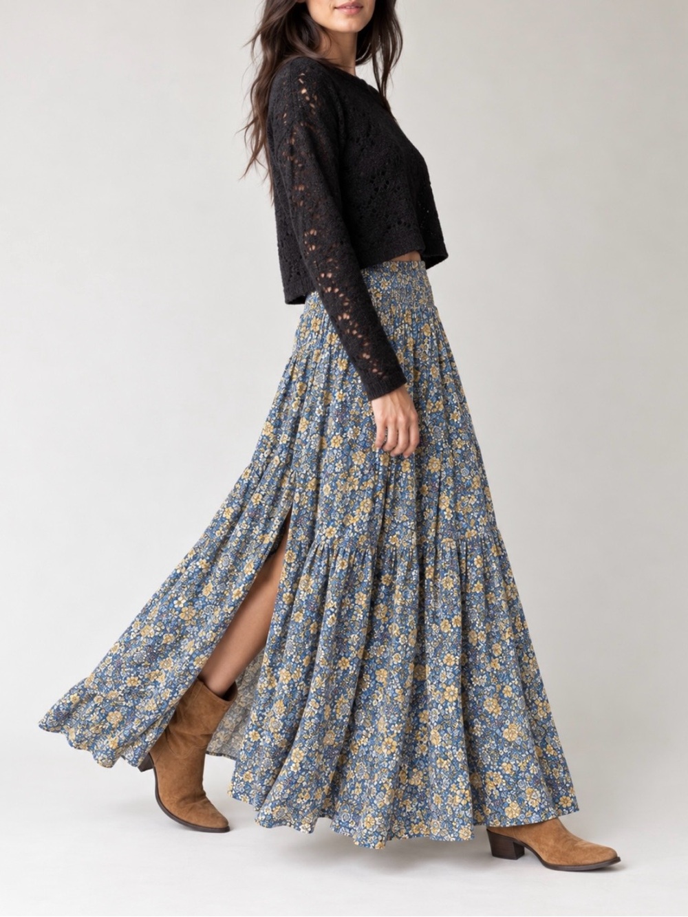 Natural Life Blue Floral Smocked Waist Tiered Maxi Skirt Boho Cottagecore Small